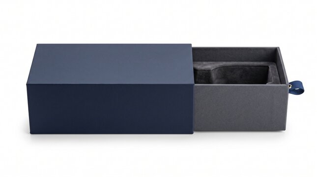 Dark blue rectangular sliding gift box with a grey velvet interior tray and a small blue fabric pull tab on white background