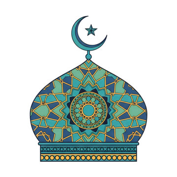 Decorative blue and green pixel art mosque dome with crescent