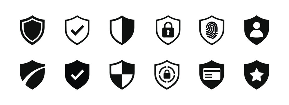 Shield Security Icon Set Security Protection Guard Lock Padlock Check Fingerprint User Credit Card Star Symbol Black Line Solid Vector Illustration
