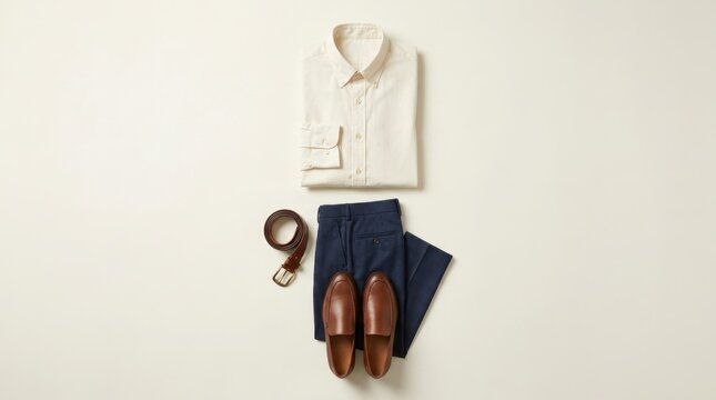 Flat lay of mens smart casual outfit with shirt pants belt and shoes.