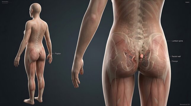 Female anatomy diagram showing coccyx and rectal wall lesion
