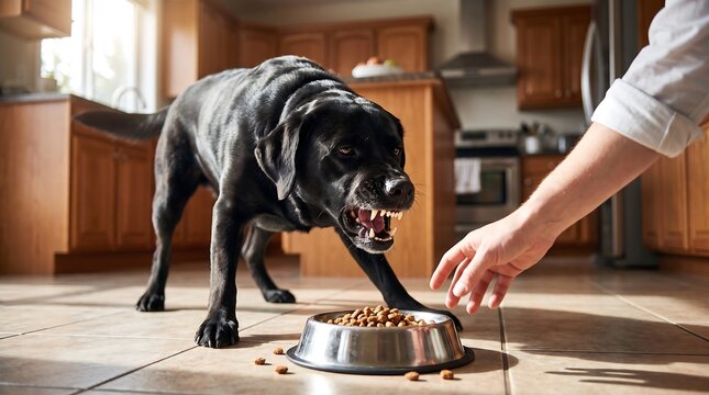 Black Labrador Guarding Food Bowl and Growling at Human Hand
