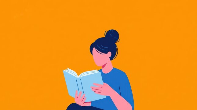Minimalist Flat Illustration of a Young Woman Reading a Book on a Vibrant Orange Background for Education and Leisure