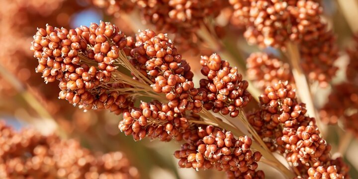 Dense clusters of sorghum panicles in warm autumn light, shallow depth of field