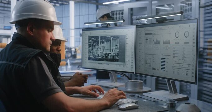 Engineers Collaboratively Program, Monitor Robotic Production Equipment, Entering Commands, Reviewing Operating Parameters to Optimize Automated Manufacturing Workflows in Modern Industrial Facility.