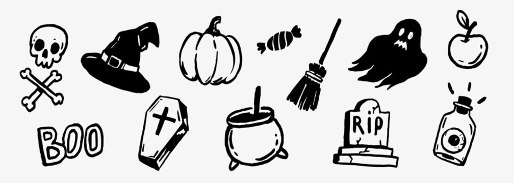 Hand drawn Halloween doodles with spooky pumpkins ghosts skulls and witchcraft.