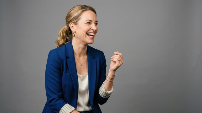 Woman in blue blazer laughing heartily with hand near mouth in studio portrait.