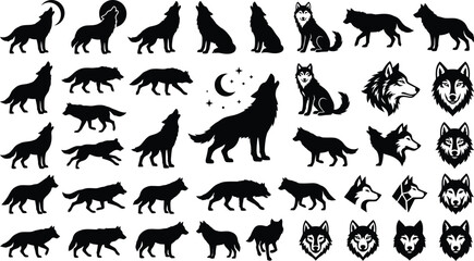 Obraz premium Wolf silhouette vector icons set, howling wild animal silhouettes with moon and stars, black timber wolf head and body shapes for logos and outdoor branding