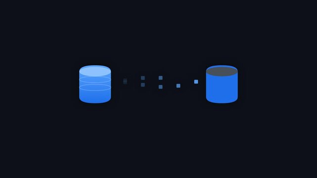 Database replication and data transfer animation showing server synchronization and backup process.