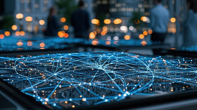 Blue digital network lines connecting over city map