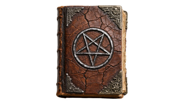 Antique occult book with pentagram symbol and ornate metal corners, isolated on transparent background