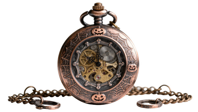 Steampunk pocket watch with spiderwebs and pumpkins, isolated on transparent background