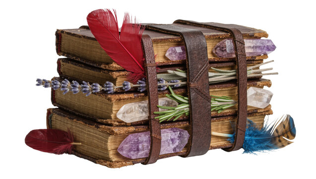 Stack of old leather-bound books with crystals and herbs, isolated on transparent background