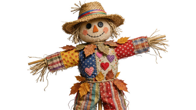 Patchwork scarecrow with straw hat and autumn leaves, isolated on transparent background