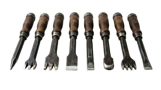 Set of traditional stone carving chisels isolated on white background, ideal for sculpture craft design projects, and creative projects, high quality visuals, modern branding needs