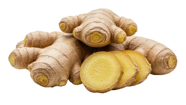 Raw ginger root with sliced pieces, isolated on transparent background