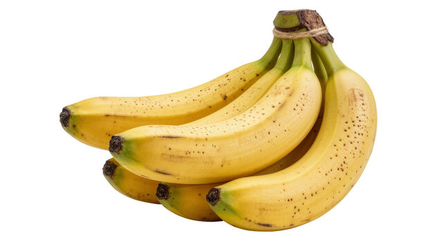 Bunch of ripe yellow bananas with brown spots tied with twine, isolated on transparent background