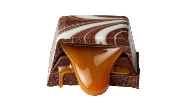 Swirled dark and white chocolate bar with gooey caramel dripping, isolated on transparent background
