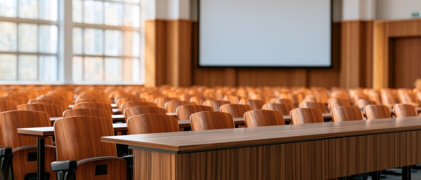 Bright, modern academic auditorium featuring clean architectural lines, advanced presentation technology, and bright lighting, ideal for conferences and educational events.