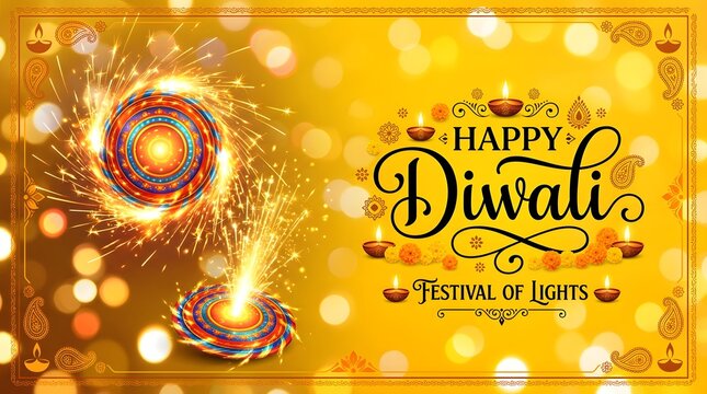 Happy diwali festival of lights greeting card with firecrackers