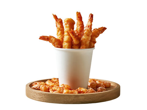 Crispy fried tempura shrimp served in a white paper cup on a wooden plate isolated