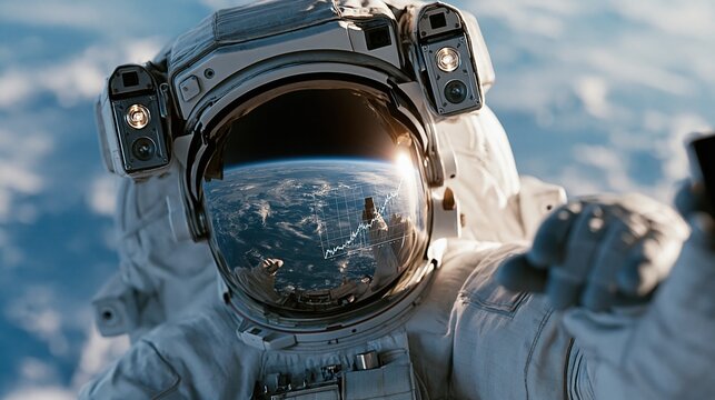 Astronaut helmet reflecting earth and financial growth graph