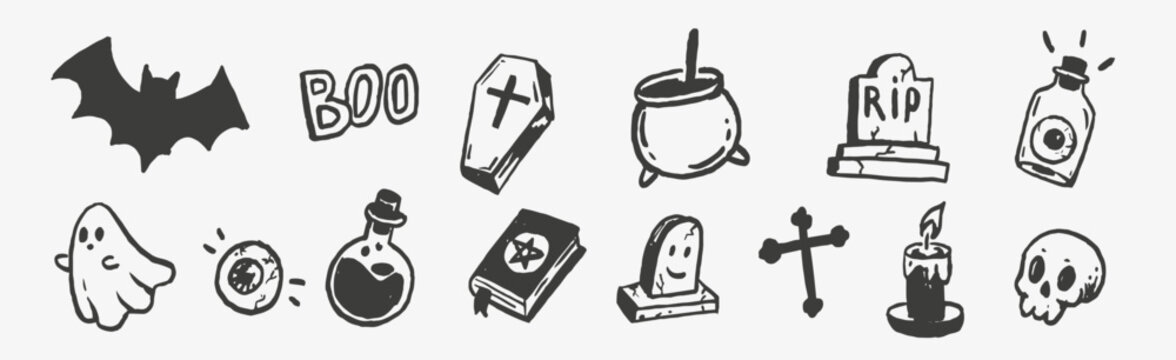 Hand drawn Halloween doodle icon set featuring bat, ghost, skull, coffin, cauldron, potion bottle, gravestone, spell book, candle, eyeball and cross in black sketch style.