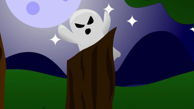 Cute cartoon ghost hiding behind a tree stump in a spooky forest at night with full moon and stars