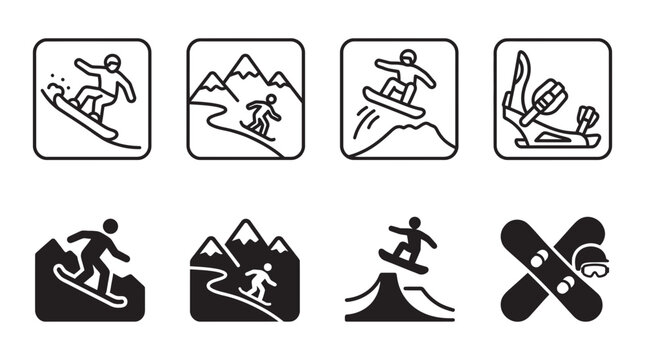 Snowboarding sport icons set showing jumps and mountain terrain in outline and solid styles with snowboarding