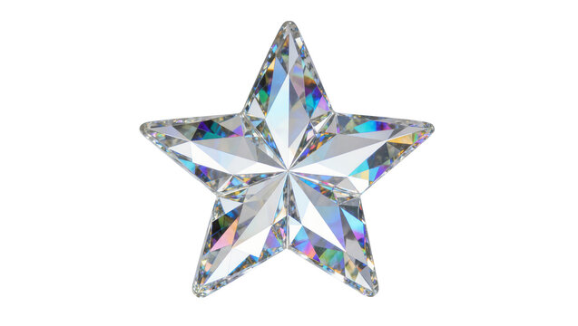 Sparkling faceted crystal star with rainbow light refractions, isolated on transparent background