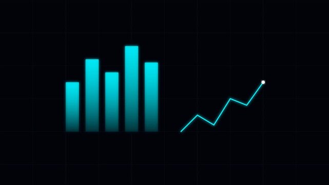 Financial growth bar chart and rising line graph animation on dark background.