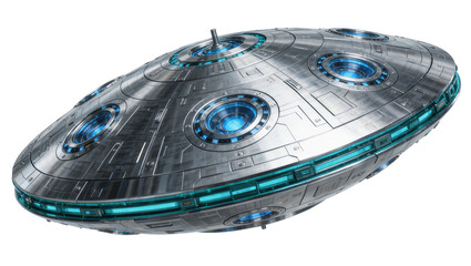 Futuristic metallic flying saucer with glowing blue lights, isolated on transparent background © Luke