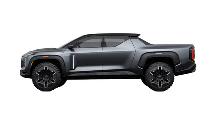 Dark gray futuristic pickup truck with large off-road tires, isolated on transparent background © Luke