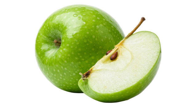 Whole green apple with a slice showing seeds, isolated on transparent background