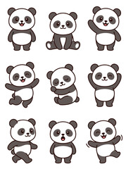Cute panda bear characters in diverse poses displayed as a colorful vector illustration set featuring multiple happy animal friend designs © Kevin