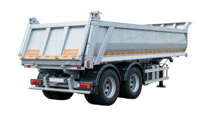 Heavy duty silver dump truck trailer with dual rear wheels, isolated on transparent background © Luke