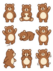 Fototapeta premium Adorable brown bear vector illustration set featuring cute cartoon characters performing various friendly actions for diverse creative graphic design projects