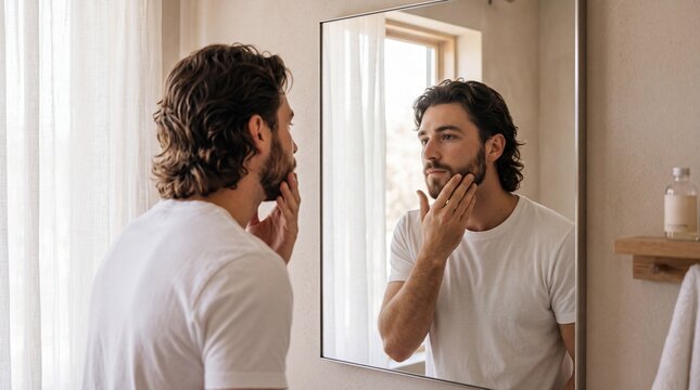 Young Caucasian man inspects his beard and facial hair in a bathroom mirror, engaging in his daily grooming routine and self-care ritual