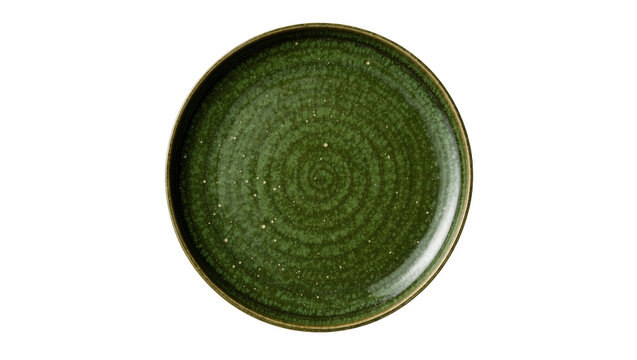 Rustic dark green ceramic plate with speckled texture, isolated on transparent background