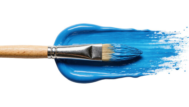 Wooden handled paintbrush creating a vibrant blue paint stroke, isolated on transparent background