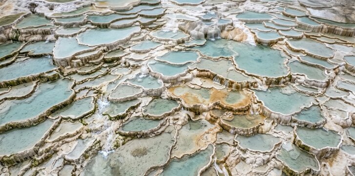 Natural travertine terraces with cascading turquoise thermal water pools, pamukkale geological formation with white mineral deposits and shallow water basins