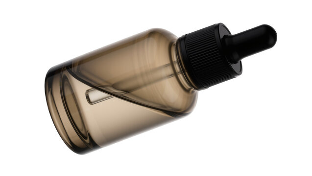 Smoked glass dropper bottle with black cap and clear liquid, isolated on transparent background