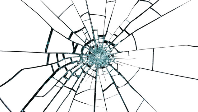 Shattered glass surface with sharp fragments radiating from impact point, isolated on transparent background