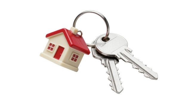 Silver metal keys with a small house keychain, isolated on transparent background
