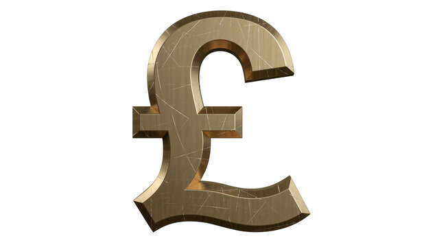 Brushed gold pound sterling symbol with scratches, isolated on transparent background