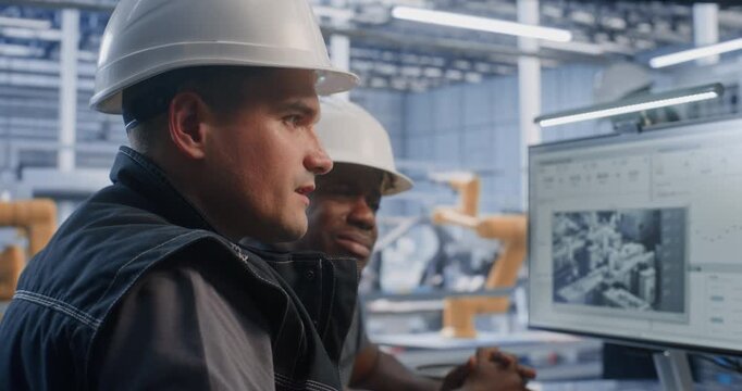 Engineering Specialists Collaborate Beside Automated Production Line, Analyzing Machine Data and Adjusting Control Parameters to Improve Efficiency, and Workflow Performance in Smart Manufacturing.