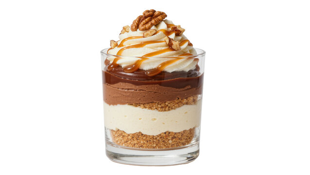 Layered chocolate and vanilla dessert with caramel drizzle and walnuts, isolated on transparent background