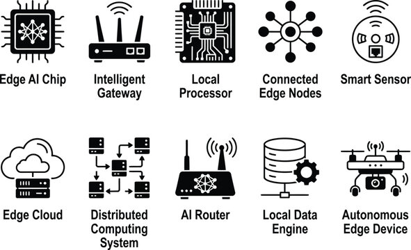 A collection of ten black and white icons representing edge computing and artificial intelligence technology.