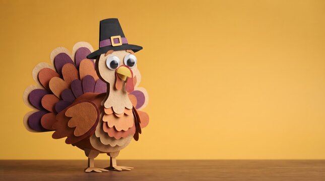 Playful claymation turkey wearing a pilgrim hat for a festive thanksgiving celebration