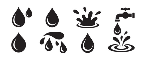 Obraz premium Water drop icons with faucet and splash symbols in flat black style for various creative design needs.